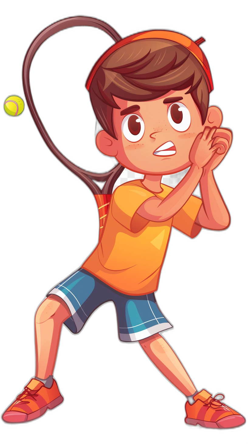 Cartoon style boy playing tennis, vector illustration for game art with a black background. The character is wearing an orange t-shirt and blue shorts. He has brown hair tied in a ponytail and big eyes. His expression shows determination as he holds his racket ready to hit the ball, in the style of a cartoon.