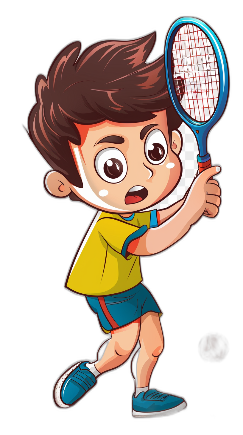 A cute little boy playing tennis, vector illustration in the style of cartoon style, colorful  and accessories, simple black background with no shadows or reflections, focusing on the character’s expression of determination while holding his racket ready to hit the ball, high resolution.