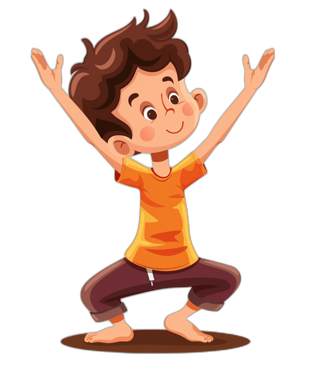 A cartoon boy doing yoga in a flat illustration style on a black background with a simple and cute expression and bright colors. He has brown hair and is wearing an orange T-shirt with dark pants underneath his legs. He is standing on one leg while holding the other in front of him with both hands raised above head level. The pose should be playful and cheerful, capturing his excitement for movement and stretching activity. Focus on details like facial expressions or posture in the style of yoga.