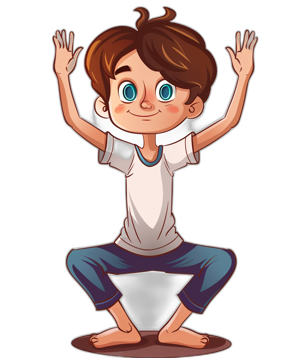 A cartoon boy doing yoga, with blue eyes and brown hair in a white tshirt and dark purple pants on his knees holding up both hands above the head. Black background. Cartoon style. Vector graphics. No shadows. Full body portrait. Pixar Style. HD.