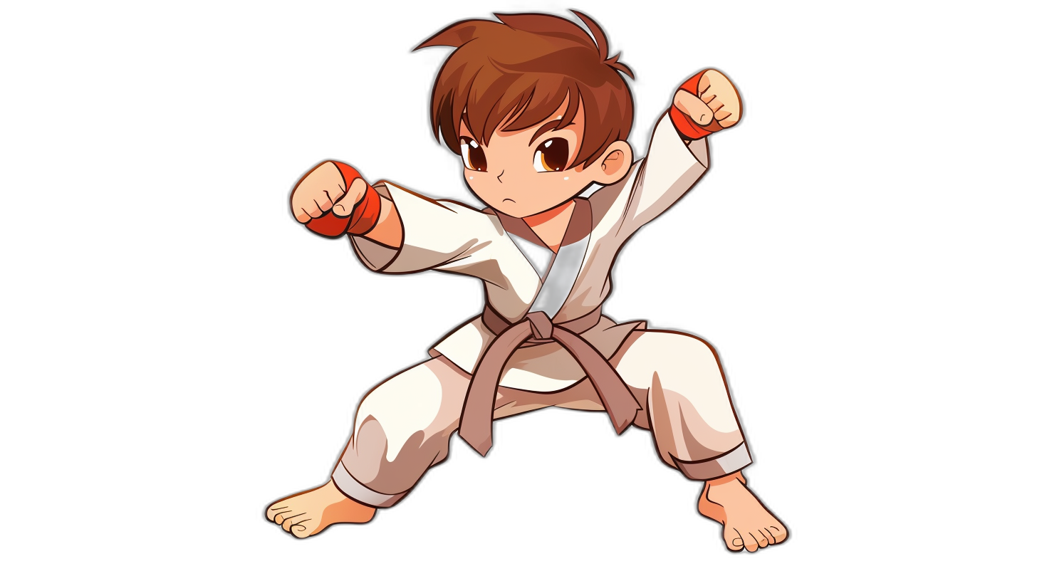 A young boy in karate attire, striking an air kick pose with his hands wrapped around the sides of his waist belt. The character is depicted as cute and cartoonish, rendered in a vibrant anime style against a black background. He has brown hair and wears white vertical striped pants, showcasing both strength and agility through his martial arts stance. This scene captures movement and energy while maintaining adorable features that reflect Japanese animation aesthetics. by full body shot