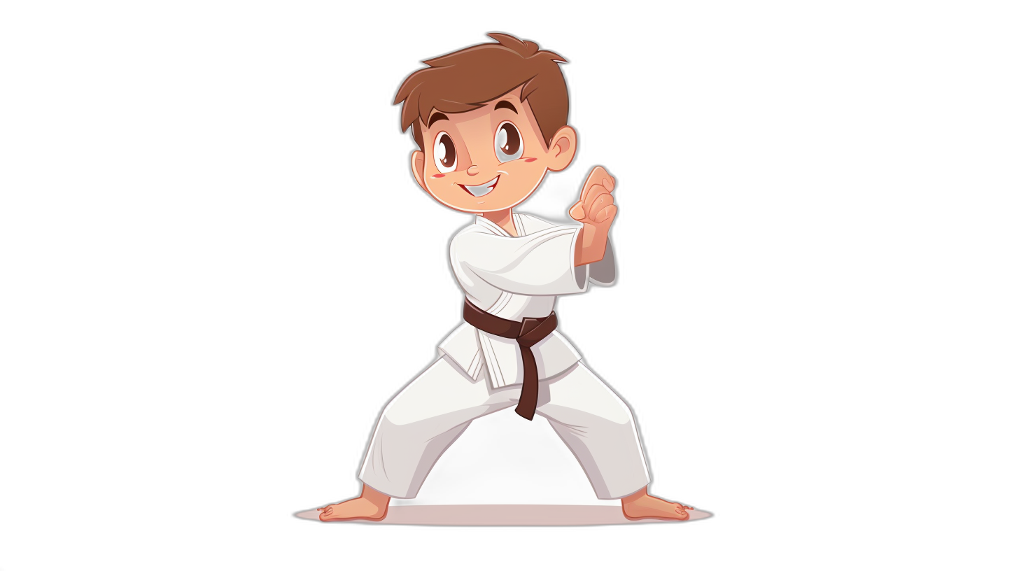 A cute cartoon boy in karate outfit, simple flat illustration style with black background and white . The character is doing the front kick pose. He has brown hair and blue eyes. There’s no text on his shirt or any other elements. His expression shows confidence as he practicing martial arts