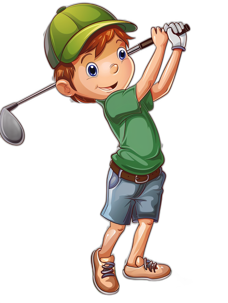 A cute cartoon boy playing golf, vector illustration with a black background, no shadows and transparent effects, full body shot, full color. He is wearing a green cap on his head and holding the club in his right hand while swinging it up to smite at the ball. The young man has blue eyes and brown hair. He wears shorts over long socks. High resolution vector graphics. The style is reminiscent of a classic cartoon.