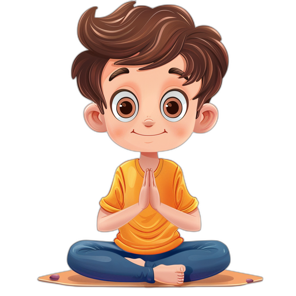 A cute cartoon avatar of an adorable little boy with brown hair, wearing blue jeans and sitting cross-legged in the lotus position on his knees doing yoga poses. He has big eyes that sparkle with curiosity as he tilts his head to studio lighting against a black background for a t-shirt design graphic vector illustration in the style of a t-shirt art Vector Illustration, sticker style, isolated from a solid color background. Isolated on a white endless dark background.