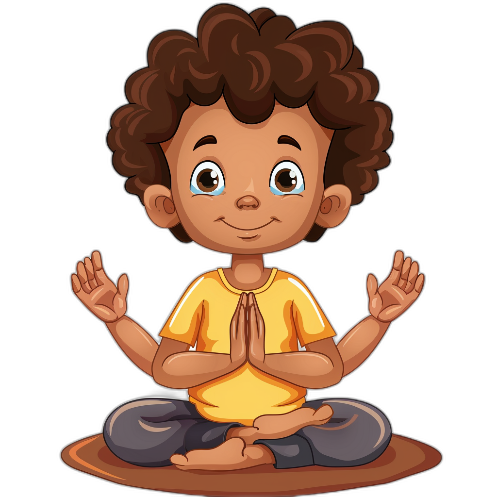 cartoon style, vector design of an African American boy doing yoga with curly hair wearing a yellow t-shirt sitting on the floor with his hands in a prayer pose. Black background. He is smiling.