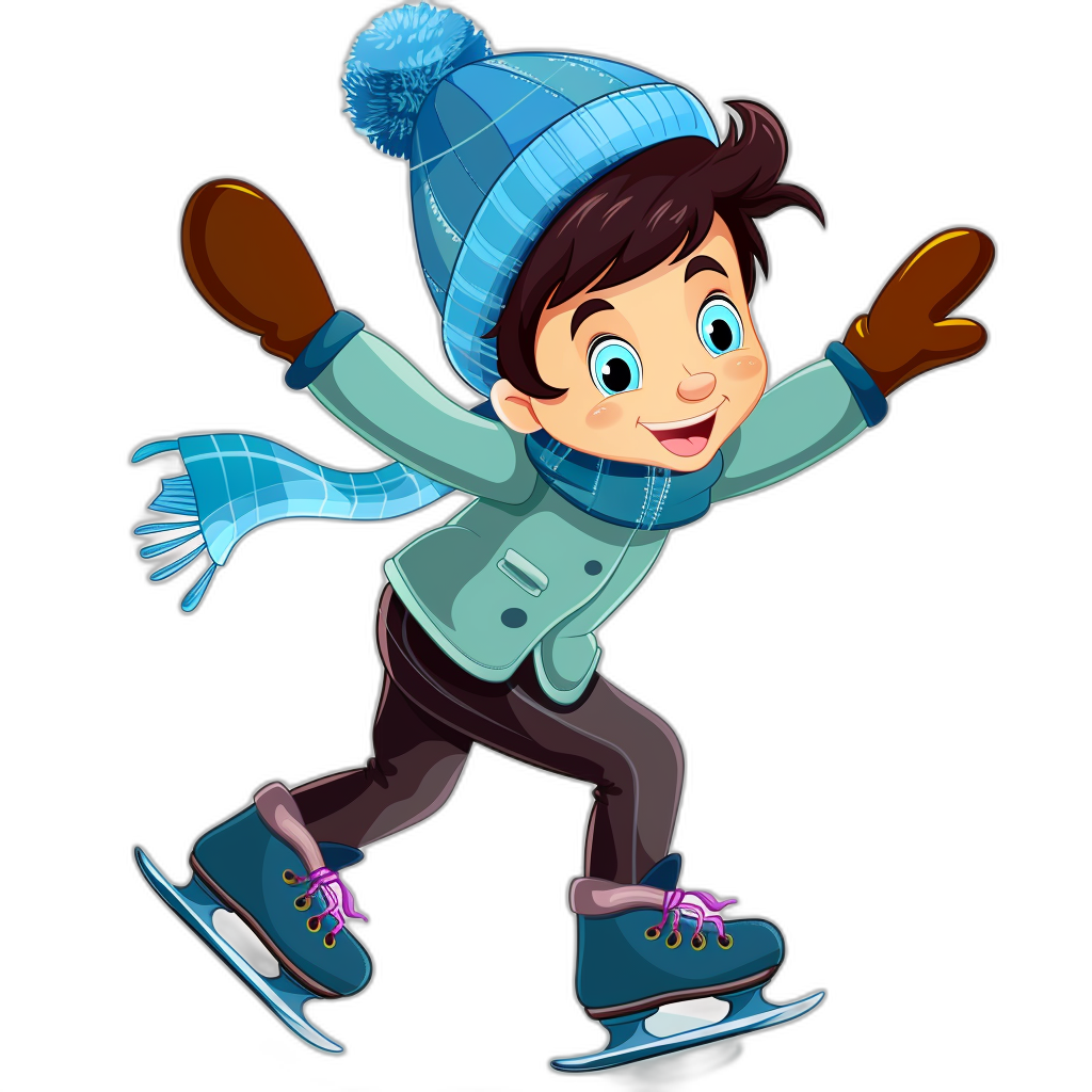 A cartoon boy ice skating, clip art style with black background. The character is wearing winter and gloves, including an oversized blue hat on his head. He has brown hair that shines in the light, bright eyes, smiling mouth, fingers slightly raised to guide him forward. His shoes have clear skates attached at their heels. In front of them lies an icy rink. This scene captures her joyful time iceskating during Christmas season.