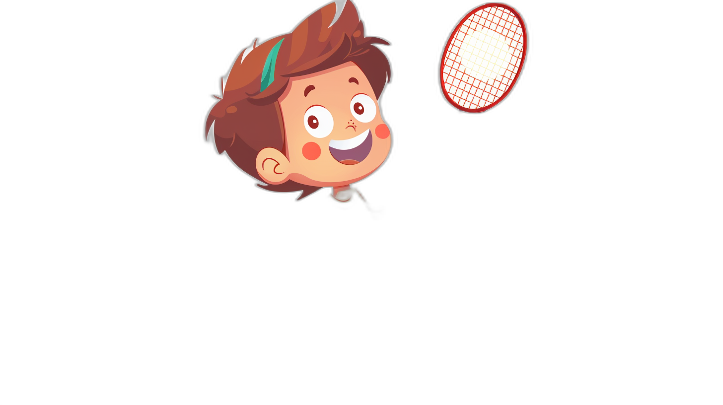 A cartoon character playing badminton, flat design with a black background, vector illustration, simple and cute style, closeup of the head, a little boy smiling happily while holding his racket in one hand, flying to hit an impact ball above him. The game moves fast. The scene shows movement and joy, in the style of fast-paced action.