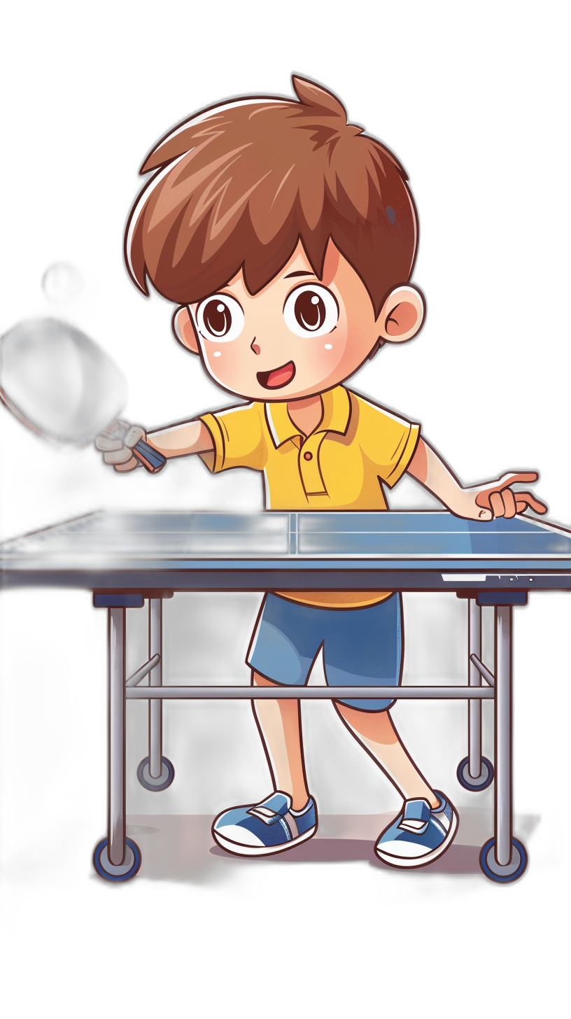 A cute cartoon boy playing table tennis, holding the bat in his hand and ready to hit the ball. The black background is clean with clear details of characters and objects. He wears yellow short sleeves and blue shorts, standing next to an empty desk that has four metal legs on each side. His eyes sparkle as he looks at you, smiling slightly. In the style of anime, highest quality illustrations.