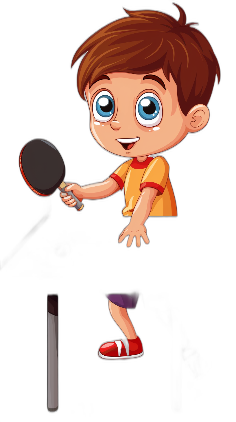 cartoon child playing table tennis, holding racket in his hand, vector illustration on black background, high resolution, no shadows, high quality, no gradient shading, full body