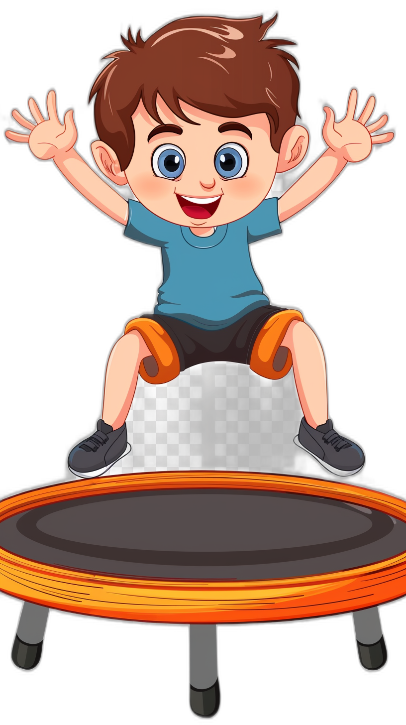 A cartoon boy is jumping on the trampoline with a black background and white borders. The illustration style is of a cartoon with flat vector graphics. The colorful cartoon character design uses simple strokes, lines, and solid color blocks. The black illustrations show colorful  with high definition resolution and high details in a full body closeup. He has blue eyes and brown hair. The boy’s hands are spread out to both sides of his head in a front view action pose, with a happy expression and smiling face, in the style of a jump.