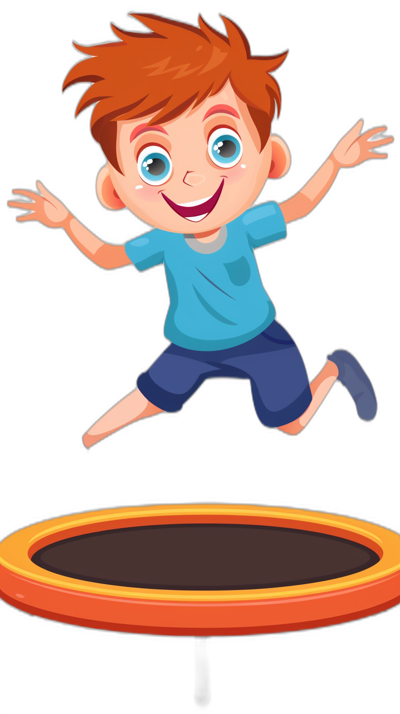 A cartoon boy is jumping on the trampoline in a flat illustration style with a black background. He is wearing colorful  with blue eyes and red hair, along with short sleeves and shorts. The boy has a happy expression in the full body portrait with high-definition details and a 2D effect. There is a high contrast between light and dark with lively colors and simple lines depicting free jump movements of joy.