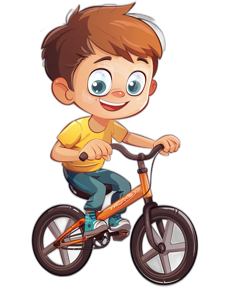 cartoon style boy on the bike, happy face, clip art for stickers, black background , cute and colorful, high quality vector graphics