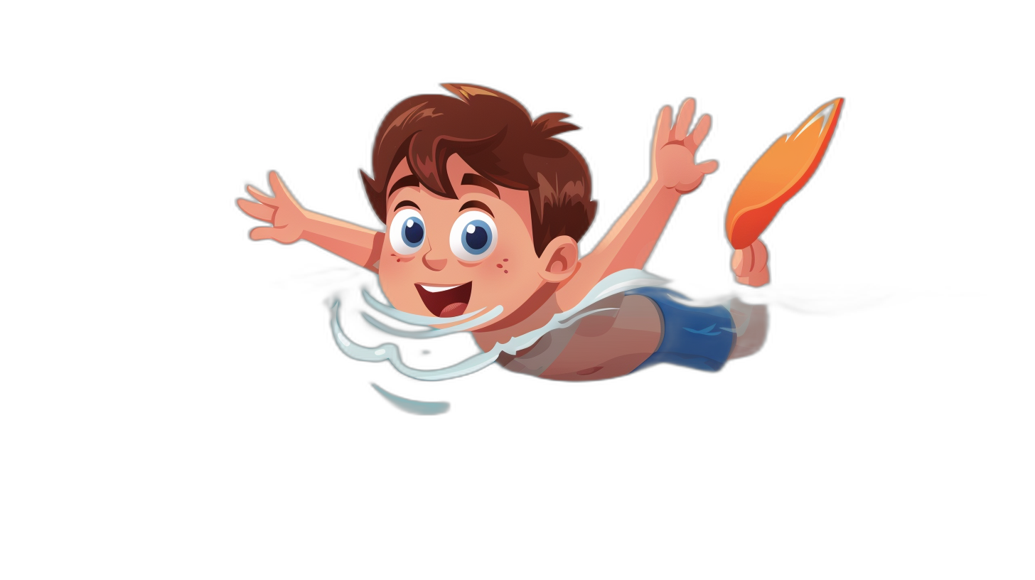 cartoon style, a young boy flying through the air with an orange frisbee in his hand, wearing blue shorts and a white t-shirt, brown hair, black background, in the style of Pixar character, in the Disney cartoon art style