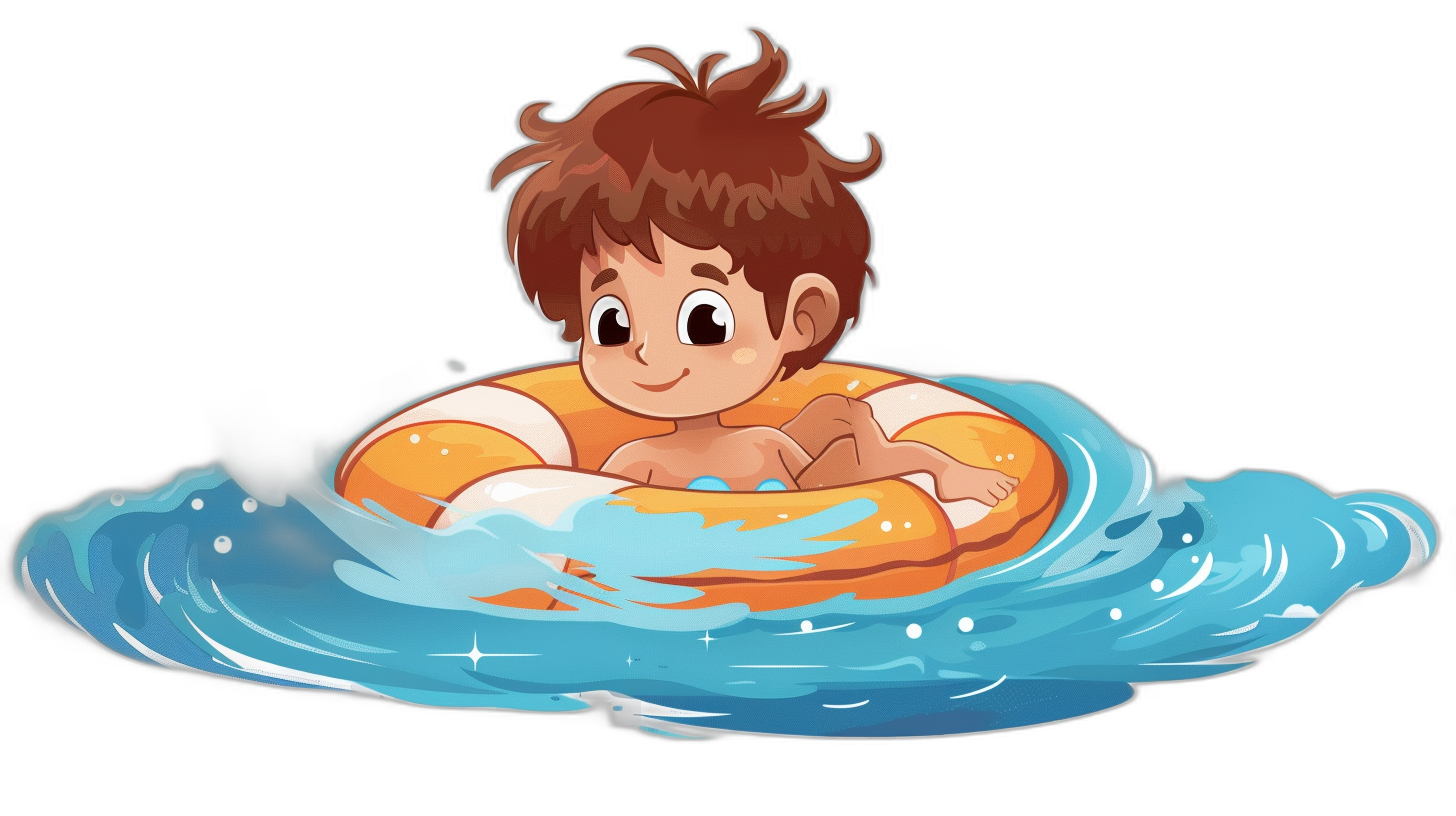 Cute cartoon boy swimming in an inflatable ring, with a simple drawing style in the style of a vector illustration on a black background, with water ripple effects, in a simple flat design, a cute and adorable character with brown hair and big eyes swims in a cartoon water park scene, with water splashes around the figure, colorful swim rings floating above the surface of blue wavy waters against an isolated black background, using bright colors in a high resolution image.