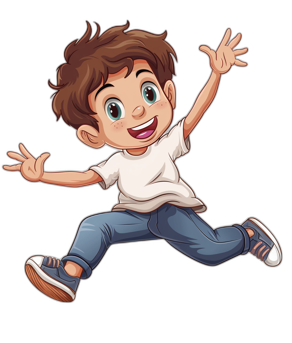 cartoon boy jumping, smiling and happy with a white t-shirt, blue jeans and brown hair in the style of isolated on a black background