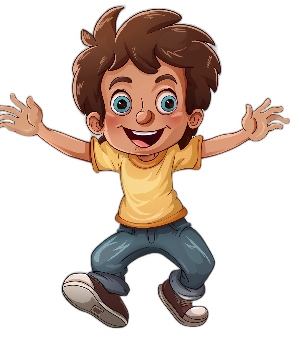 A cartoon boy with brown hair, wearing blue jeans and yellow tshirt is jumping up in the air on black background. He has big eyes and wide smile, vector illustration style for children’s book. Cartoon character design. Vector Illustration.