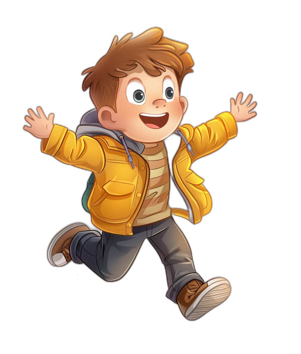 A cute cartoon boy in a yellow jacket, with brown hair and blue eyes jumping with joy on a black background, in the style of Pixar.