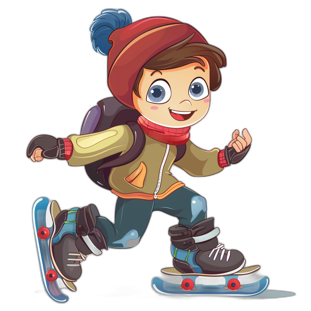 A cartoon boy with big eyes, wearing winter and gloves is skating on roller skates. He has short brown hair, blue bangs and wears an adorable red hat. The background color of the character design should be black. Cartoon illustration, high resolution, no shadows, high quality, colorful. Black Background. Vector Illustration. Isolated