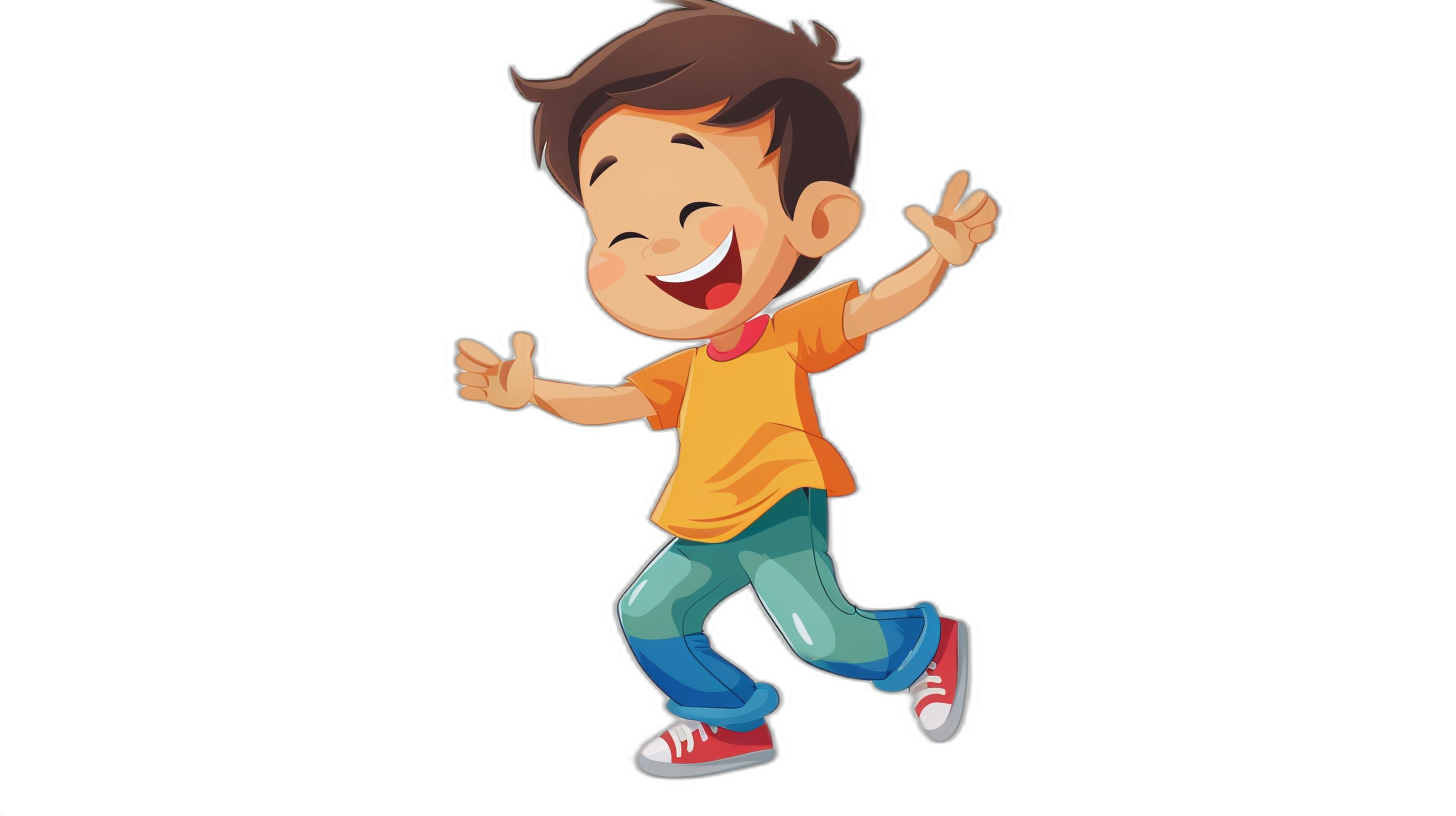 A cartoon boy is dancing happily, with a black background and flat illustration style. He has short hair, wearing blue jeans and red shoes on his feet, with a smiling face expression, simple design, colorful , a high saturation color scheme, and a full body display. in the style of flat illustration.