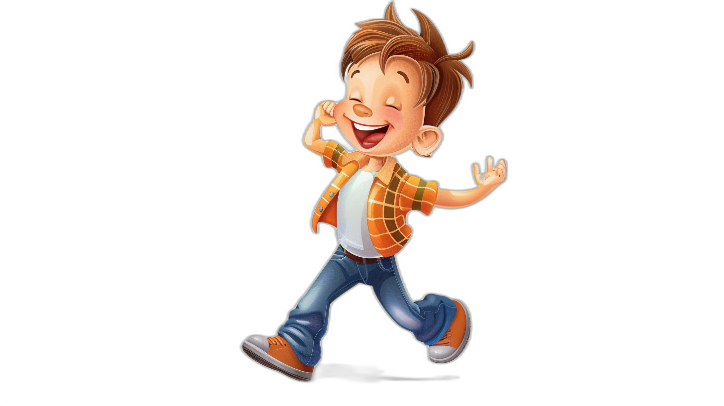 A cute cartoon character of an animated boy, smiling and dancing with joy on black background. The young man has brown hair in short length wearing casual and shoes. He is depicted as having his head tilted to the side showing a happy expression while moving around. This full body illustration captures movement, capturing her joyful mood and playful spirit.