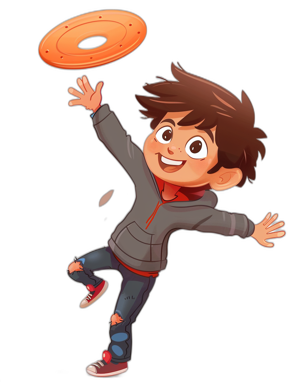 A cartoon character of a boy is playing frisbee. He has brown hair and is wearing a grey jacket with red sneakers. His hand is reaching to catch it. The art is in the style of clipart on a black background. It has a 2D game art style with caricature-like illustrations. The image includes colorful animation stills with flat shading and bold colors. It is high resolution with high details.