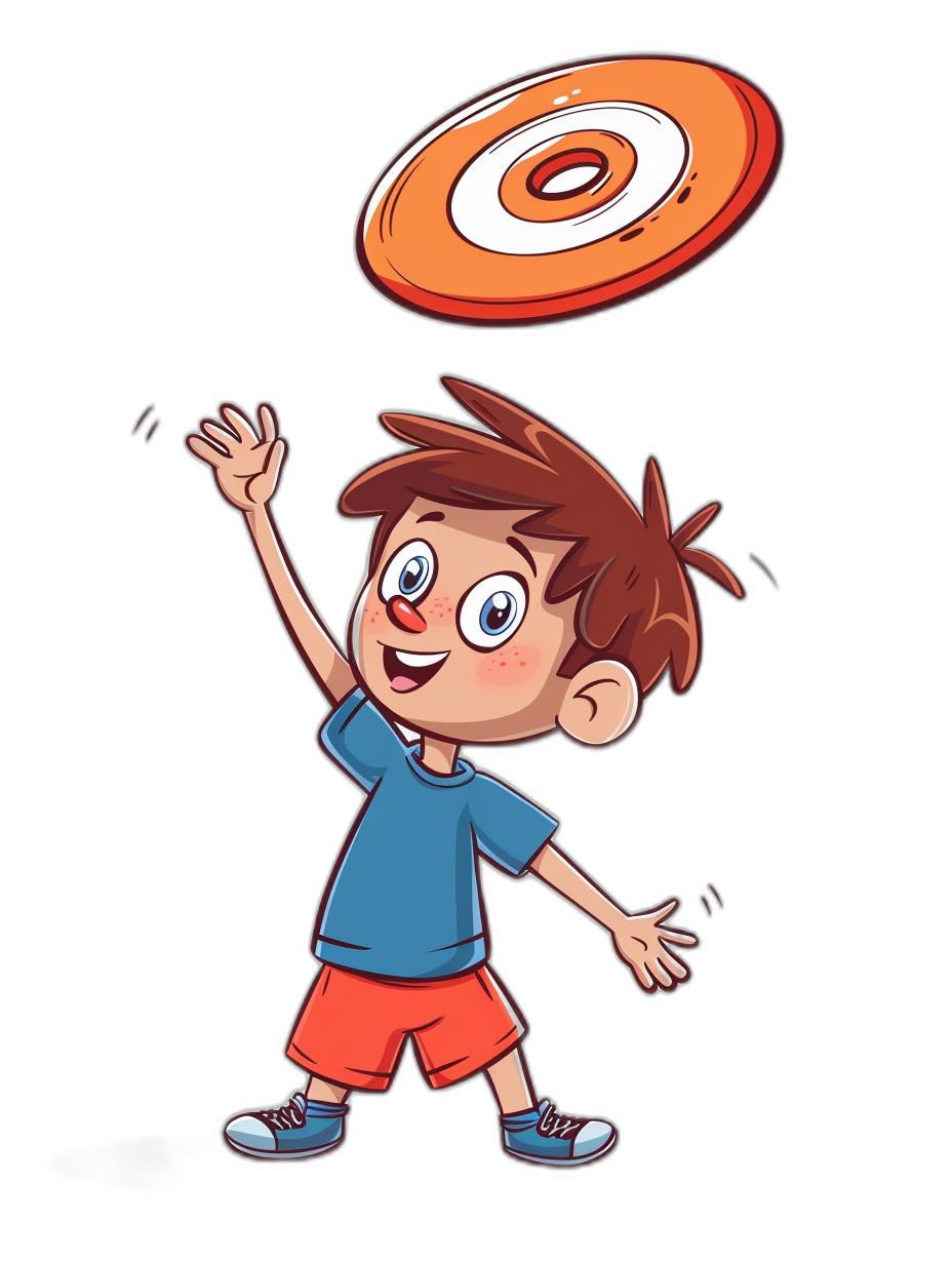 A cartoon boy is throwing an orange frisbee, vector illustration style with black background. The character has brown hair and blue eyes wearing red shorts, white tshirt, sneakers, he’s smiling while the FrNews flying in front of him. He looks happy to play sports. Cartoon illustration for kids.