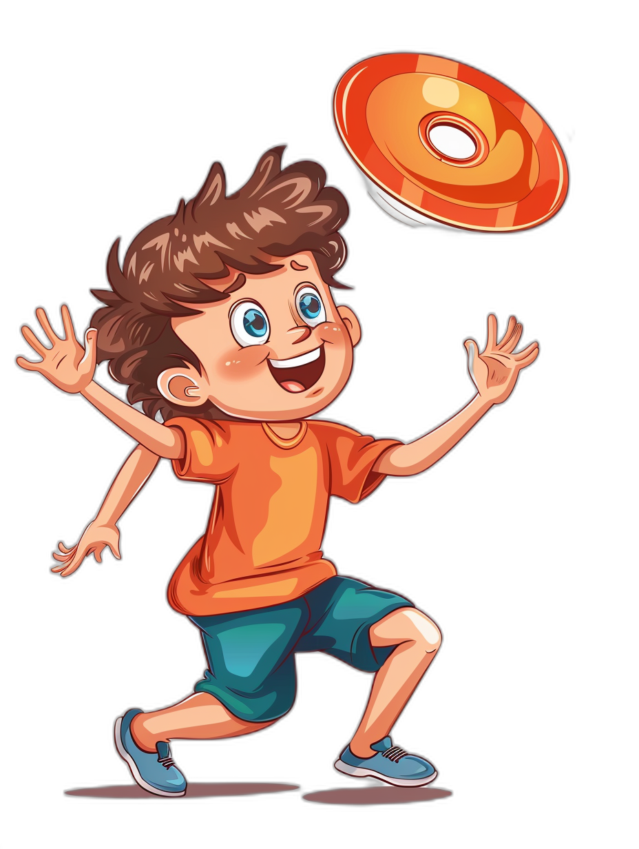 a cartoon boy playing frisbee, vector illustration, simple and cute style, solid black background, bright colors, wearing orange tshirt with blue shorts, happy expression, jumping posture, full body portrait, full of vitality. The character is centered in the middle, with his hands open to captured flying Frgly disc above head level. He has short brown hair, big eyes, smiling face, cheerful movements, sportswear.,,in