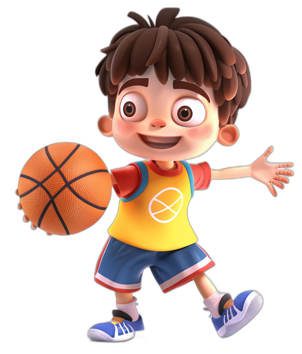 3D cartoon, happy little boy playing basketball, in the style of Pixar, adorable eyes, lovely, matte finishing, studio light, black background, octane render, character design