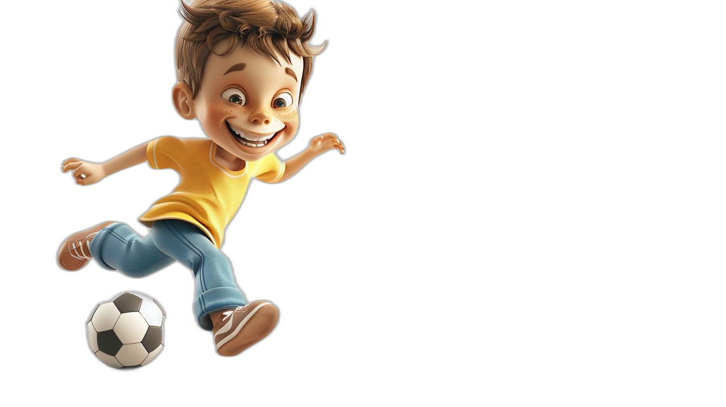 A cute little boy is kicking a soccer ball, smiling happily, in the style of Disney, with a black background and 3D cartoon rendering effect.