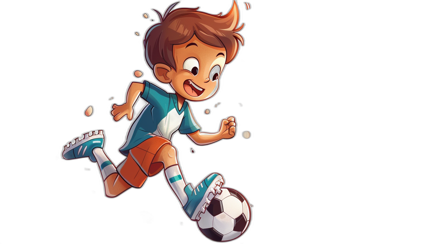 cartoon character of a boy playing soccer in the style of cartoon style, 2d game art, on a black background, with high contrast, at a high resolution, in full hd, captured with a sony camera