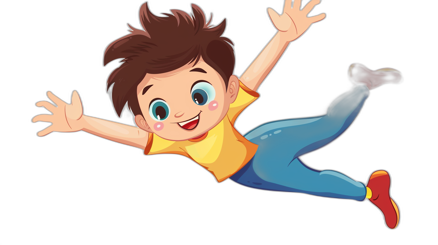 A cartoon boy is falling down, cute and colorful, in the vector illustration style, on a black background, with simple lines and no shadows on his body. The character is wearing blue pants with red shoes and a yellow tshirt. He has brown hair, big eyes, a smiling face expression, looking full of joy while diving in midair.