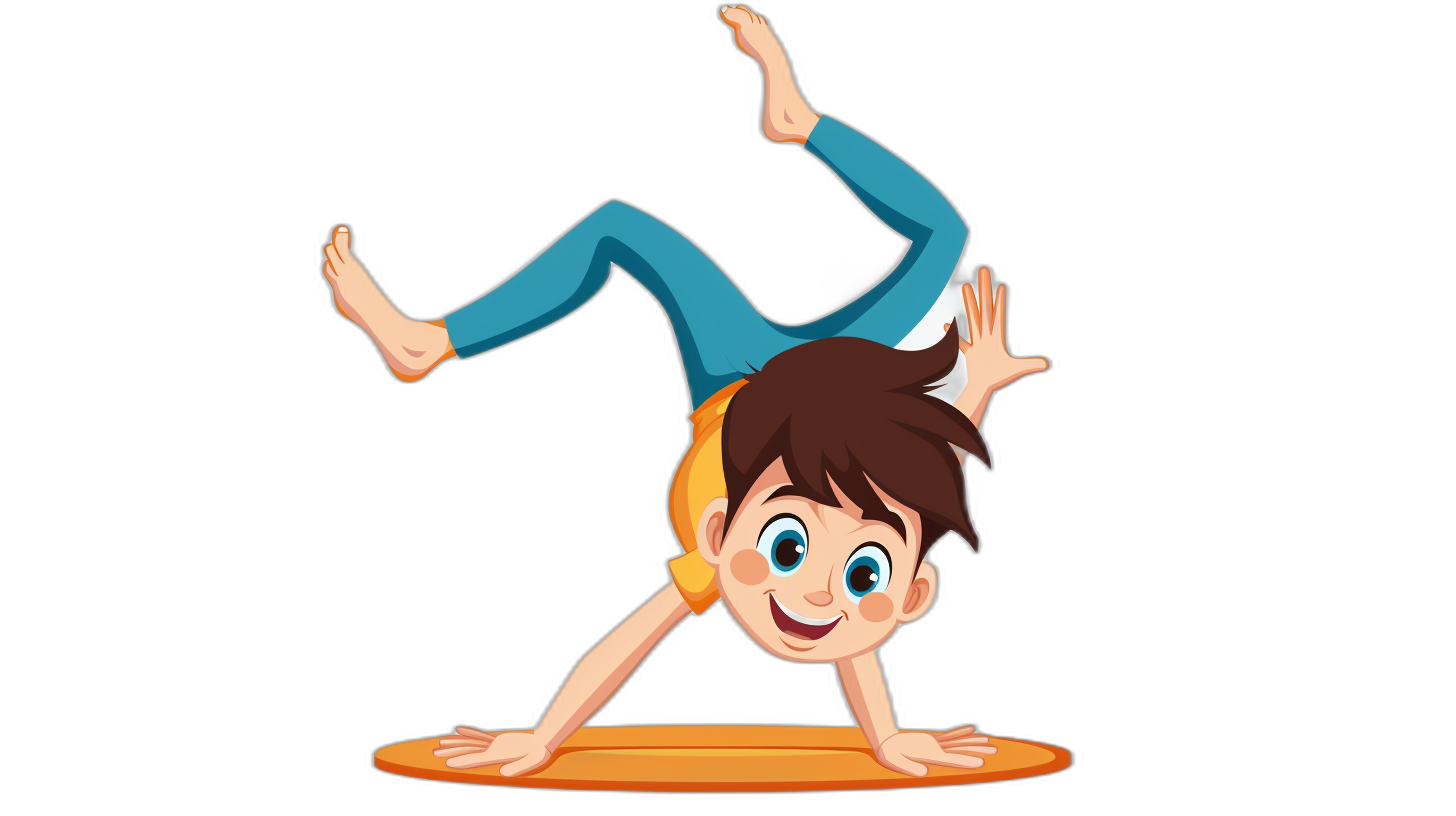 Little boy doing handstand, cartoon style vector illustration on black background. Happy kid with brown hair and blue pants standing upside down at gym class isolated cutout sticker template for children sport equipment advertising poster design, motion graphics animation video presentation. Vector Illustration