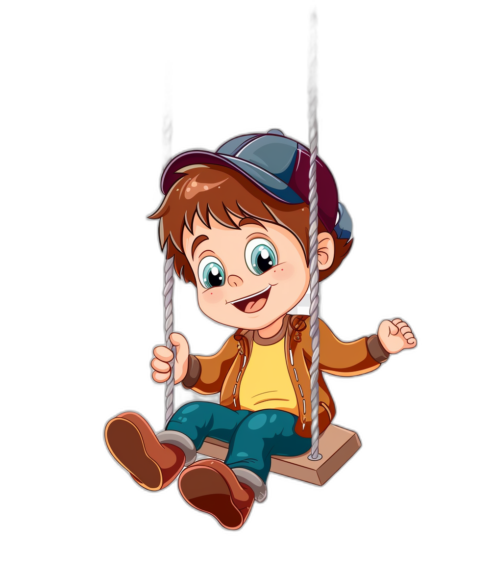 a cute cartoon kid on swing, clip art style, isolated in black background