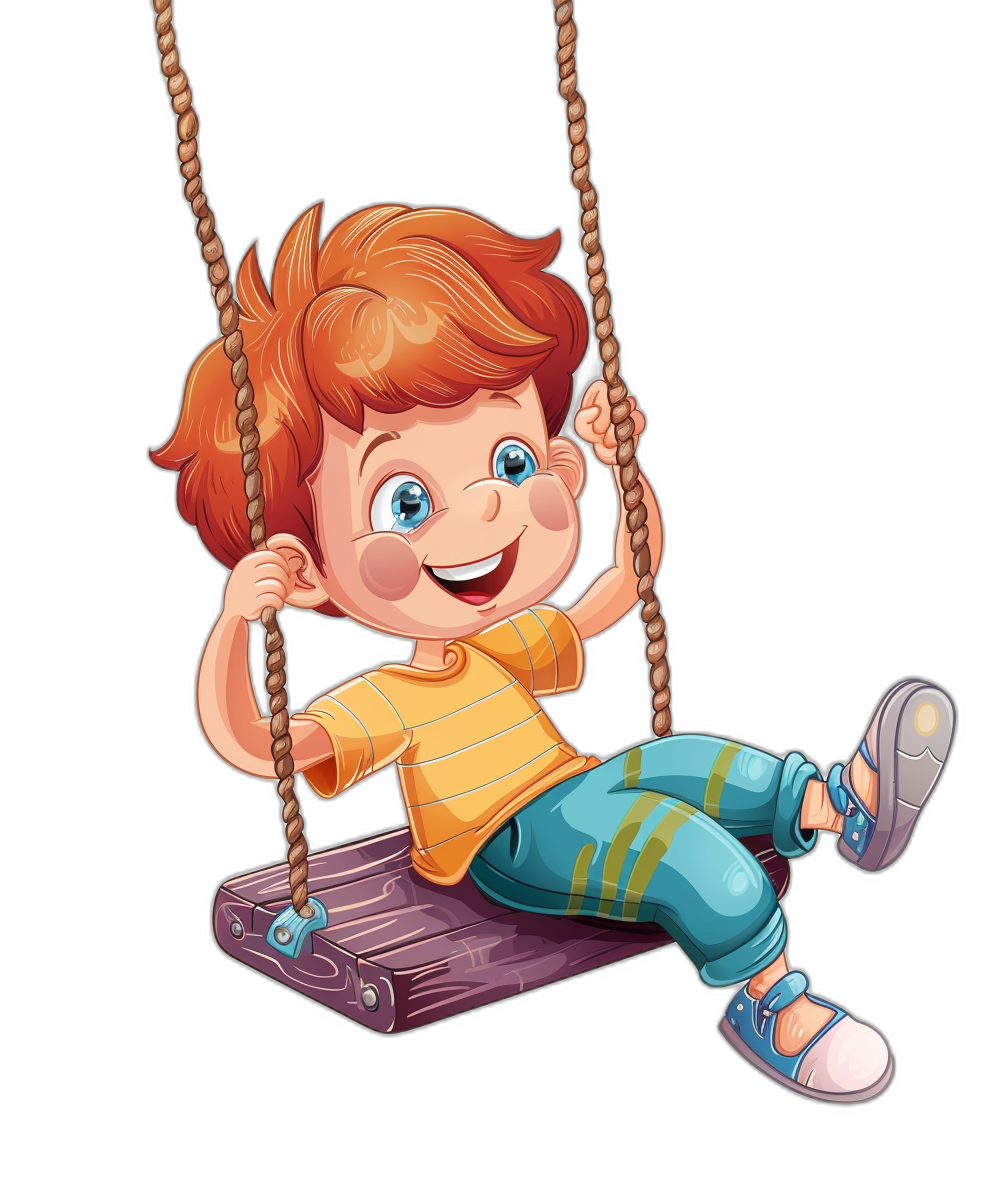 A cute cartoon redhaired boy is swinging on the swing, isolated black background, clipart