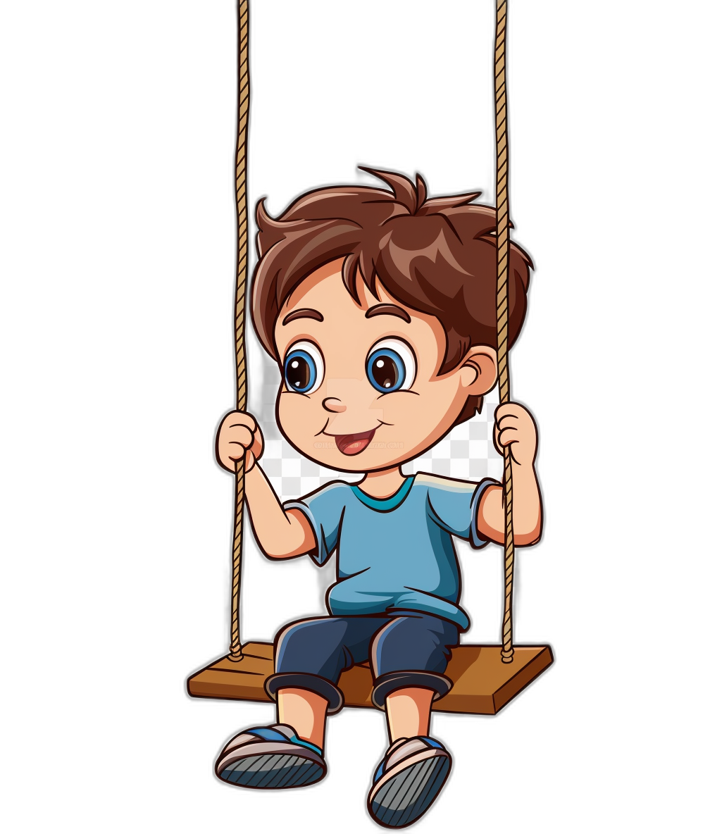 cartoon vector illustration of cute little boy sitting on the swing, isolated black background, high resolution