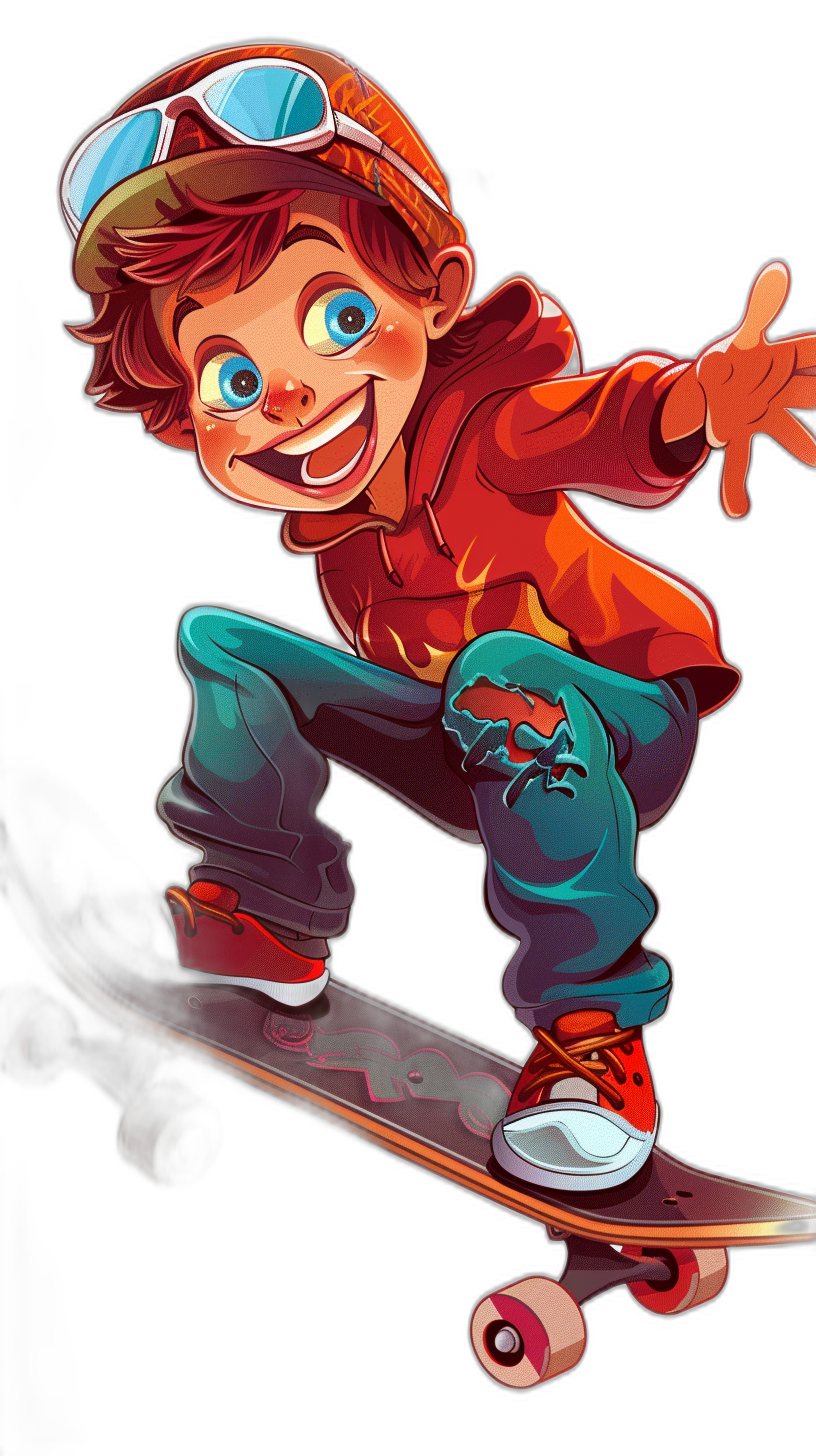 cartoon style, young boy on skateboard, smiling and wearing baseball cap, vibrant colors, dark background, in the style of Pixar art