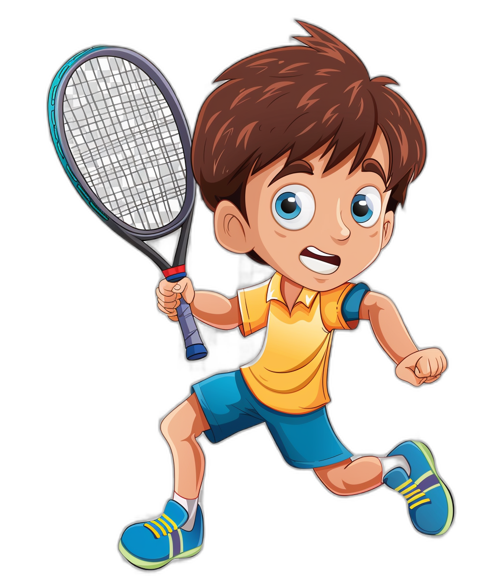 Cute cartoon boy playing badminton, vector illustration style on a black background. The character is wearing blue shorts and a yellow t-shirt with white shoes, holding the racket in his hand ready to hit the ball. He has bright eyes and brown hair, smiling happily while jumping into action. This design can be used as an avatar or profile picture of young people who love sports such as tennis or racket games. 8k resolution, ultra detailed, best quality in the style of young people who love sports.