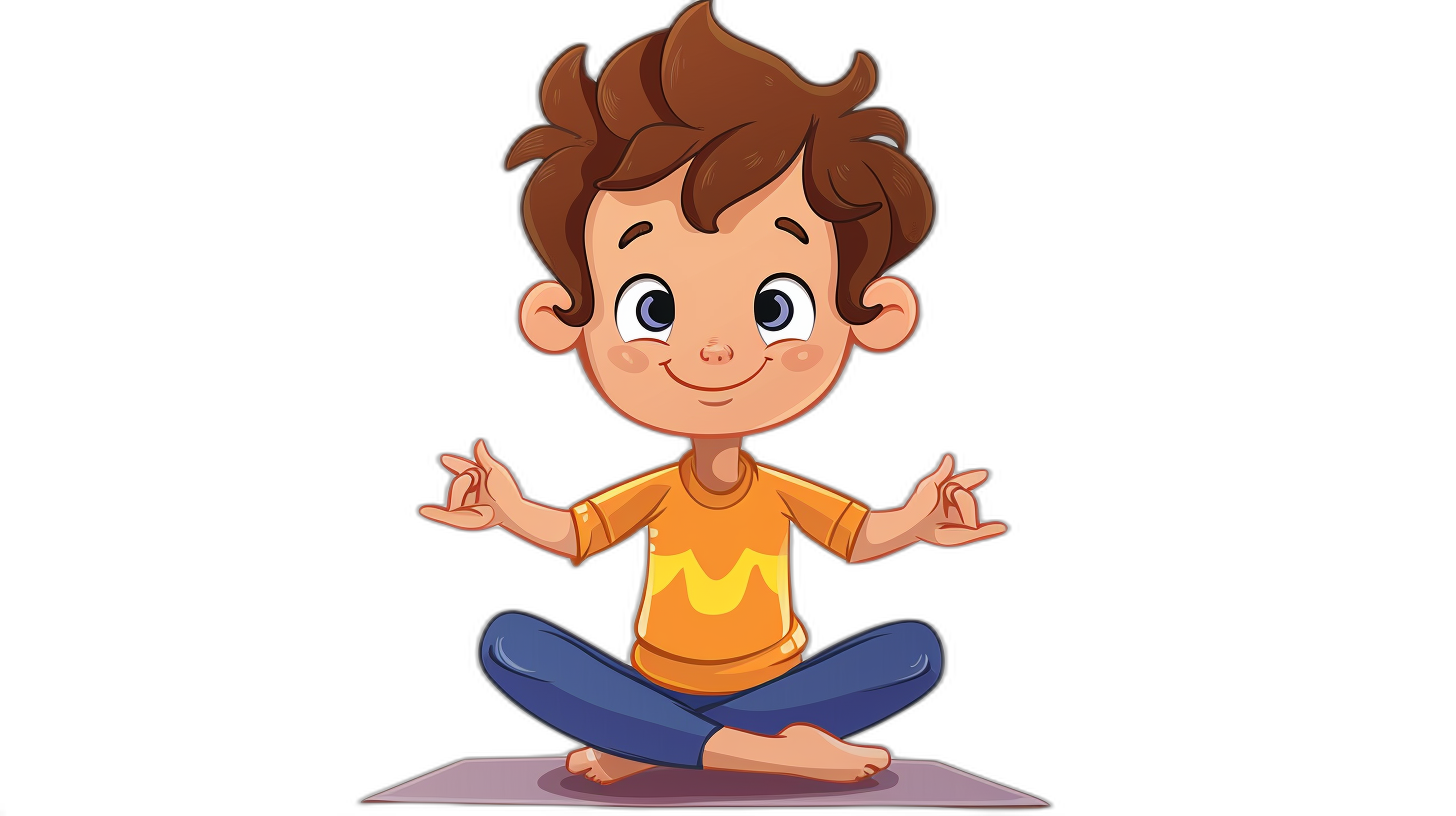 cartoon brown haired boy doing yoga in the style of clip art, in the style of clip art, black background