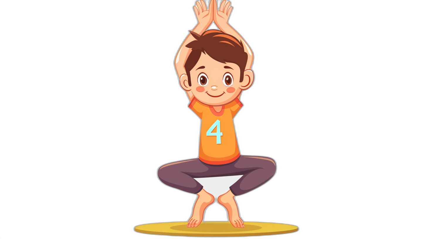 A little boy doing yoga in the style of radaia enFreлинh, cartoon style with the number “4” on his chest. He is standing in T Pose and wearing an orange tshirt. Black background. Vector illustration for children’s book clip art. Cartoon character design of cute kid practicing cow pose or chal fatalasana as per radaia enFreлинh’s TV show.