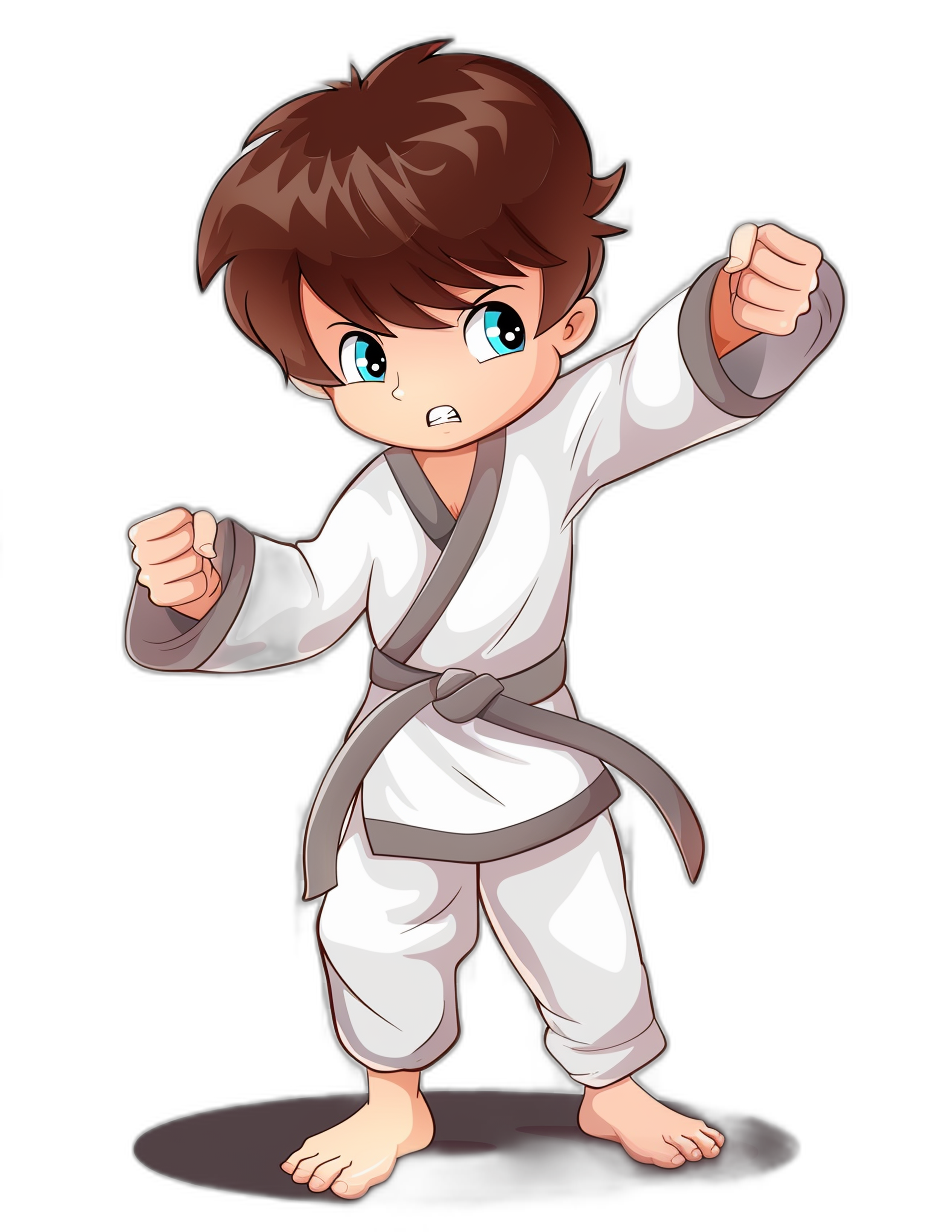 cartoon of a karate boy in a white outfit, with brown hair and blue eyes doing a cool pose, against a black background, in the chibi style.