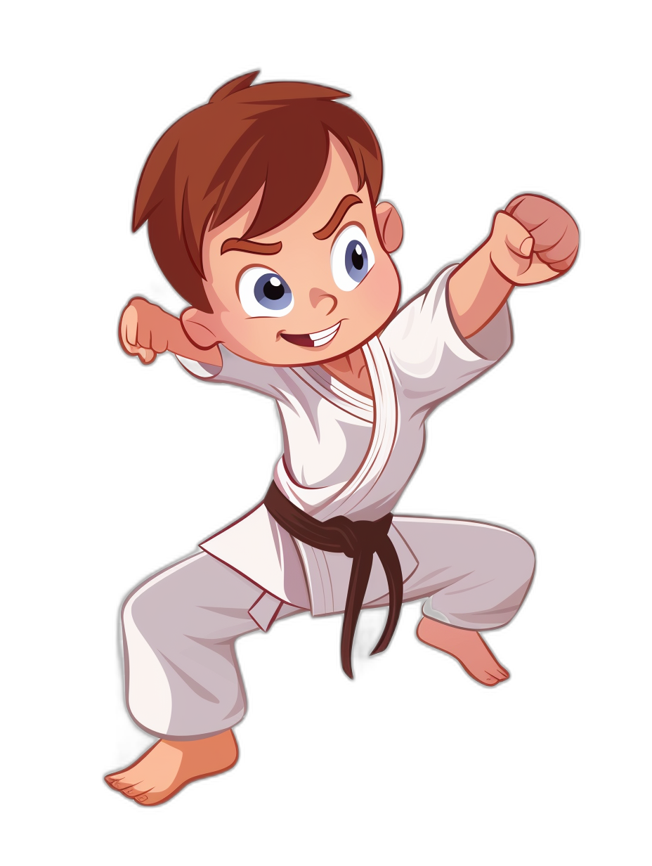 A cute cartoon avatar of the little boy in karate white outfit, ready to fight stance with black background. The character has bright blue eyes and brown hair, wearing traditional Japanesestyle attire with a dark belt around his waist. He is performing martial arts moves like high kick or front leg lunge pose, showcasing skillful poses and dynamic energy., focus on face