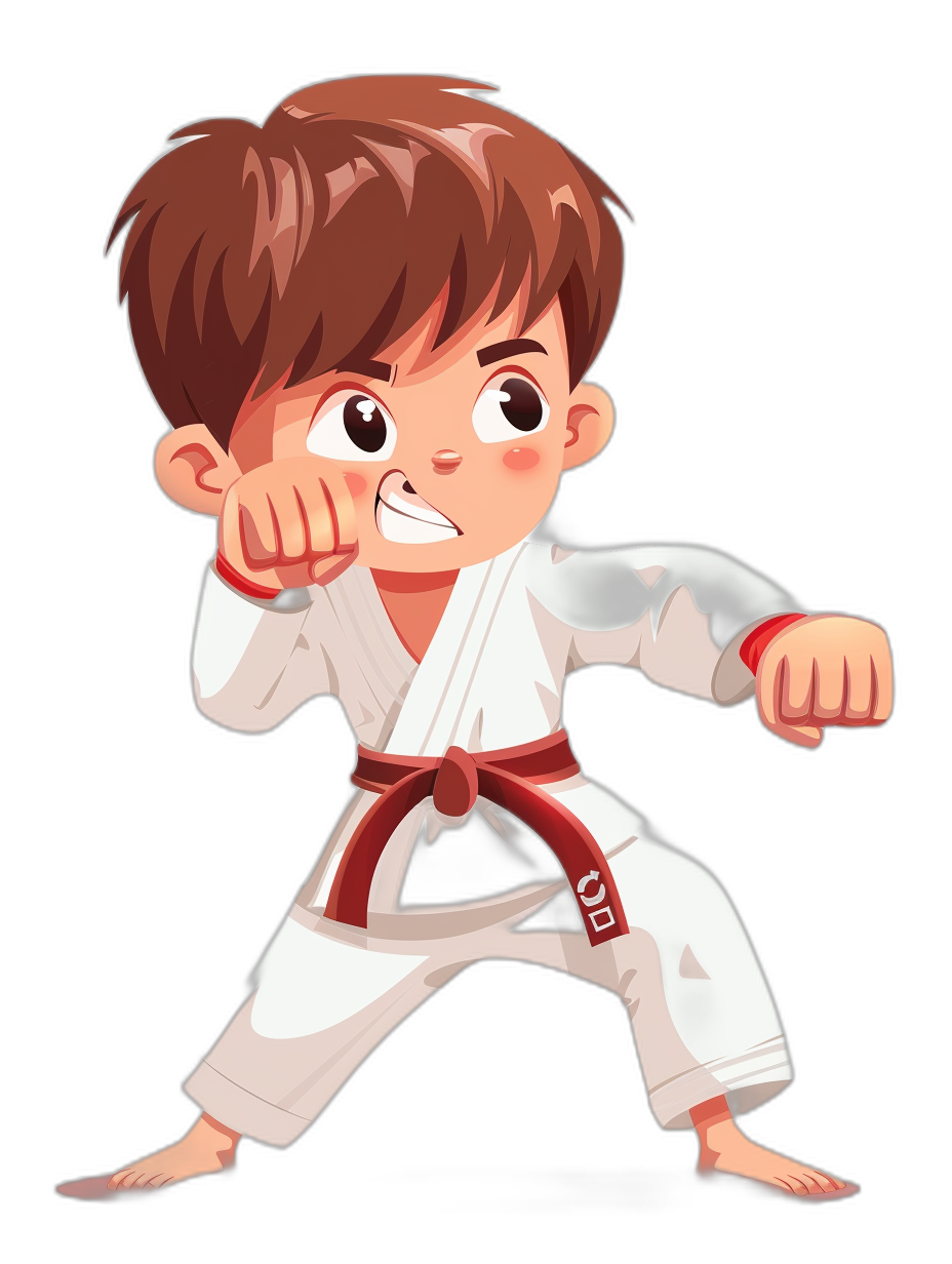 A little boy in white karate outfit, brown hair and red belt is practicing stance with his right hand raised as if to punch forward. The cartoon character has an angry expression on its face. Black background. Vector style.