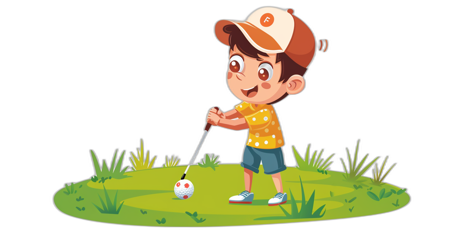 A cute cartoon boy playing golf in a simple flat style illustration on a black background. The simple design uses solid lines and contours for a full body shot in high resolution. The 2D animation features a simple design with flat color blocks, cute little eyes, a smiley face, a cap, short pants, white shoes, and a grass field in the background. The cartoon character is playing a golf ball on a green lawn in the style of a cartoon.