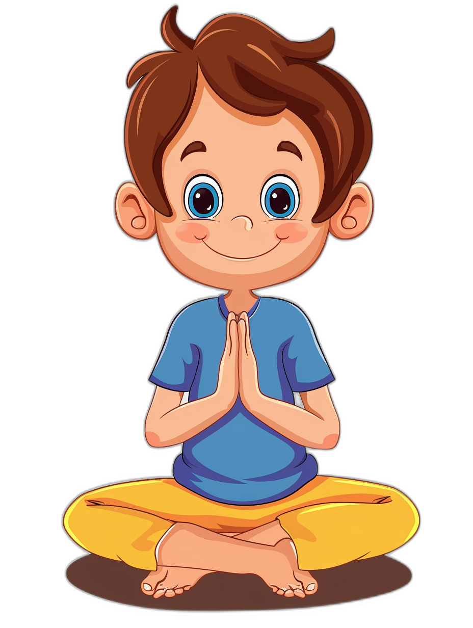 A cute cartoon boy doing yoga in a vector illustration with a black background. The little boy is wearing a blue t-shirt and yellow pants, with his hands clasped together in front of his chest, sitting on the floor cross-legged with a smiling expression, big eyes, and high definition resolution and high quality. Vector illustrations.