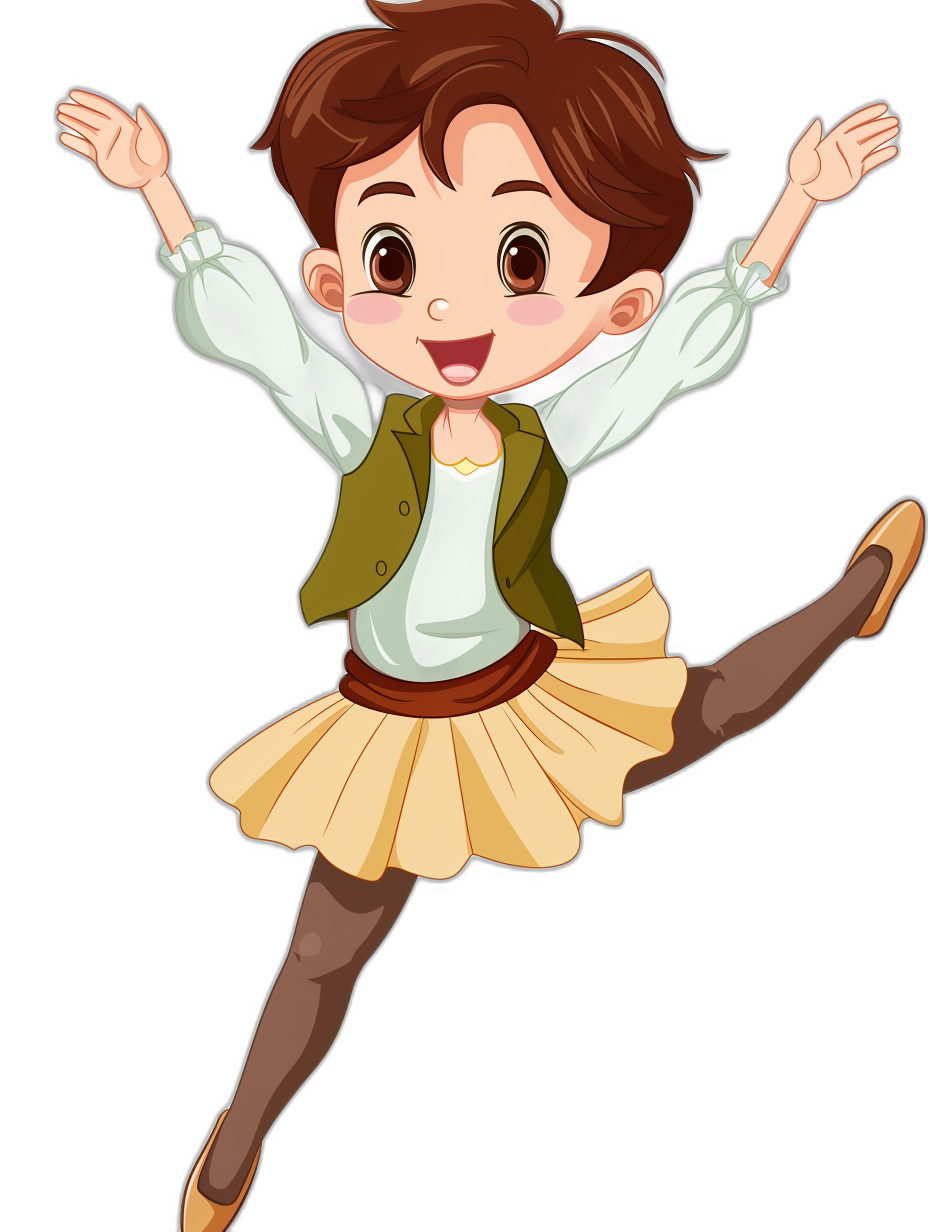 Cute cartoon girl in ballet costume, brown hair and short cut , dancing pose on black background. Cartoon character illustration of young boy with bright eyes jumping for joy wearing green vest over white shirt, beige skirt, tights underneath and dark shoes