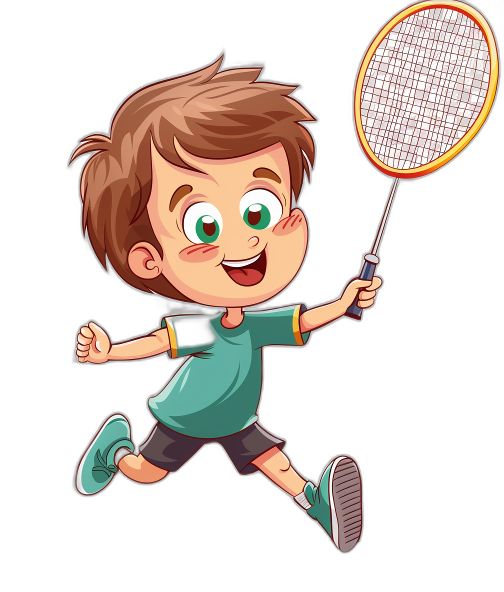 A cute little boy playing badminton in a cartoon style with simple lines as a vector illustration on a black background with green and brown hair. He is running with the racket in his hand, smiling happily. The overall color scheme of bright colors adds fun to the character.