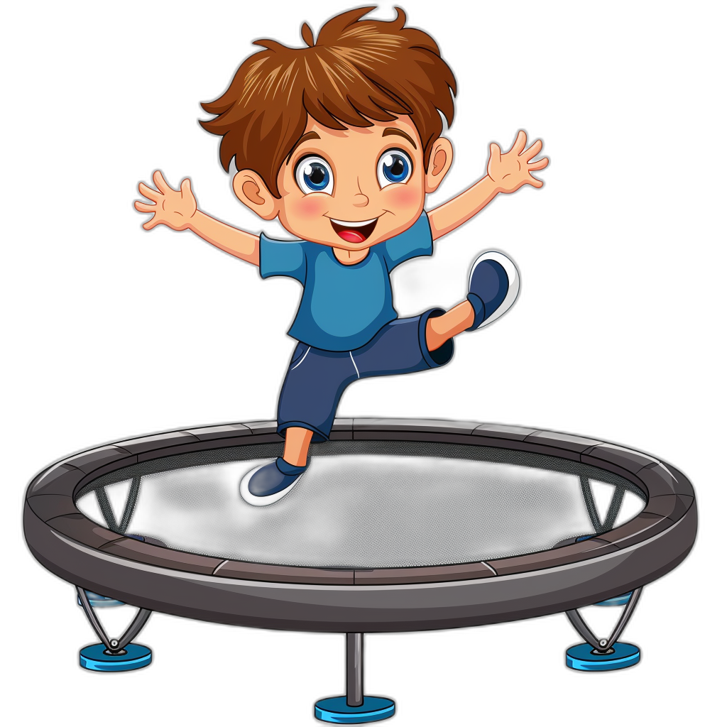 A cartoon boy jumping on the trampoline, vector illustration with black background, cute and colorful design. The little man has brown hair and is wearing blue short sleeves and dark pants, with bright eyes and cheerful expression. He was holding his hands out to support himself while happily playing on top of the round trampoline. High resolution, high detail, best quality, in the style of.