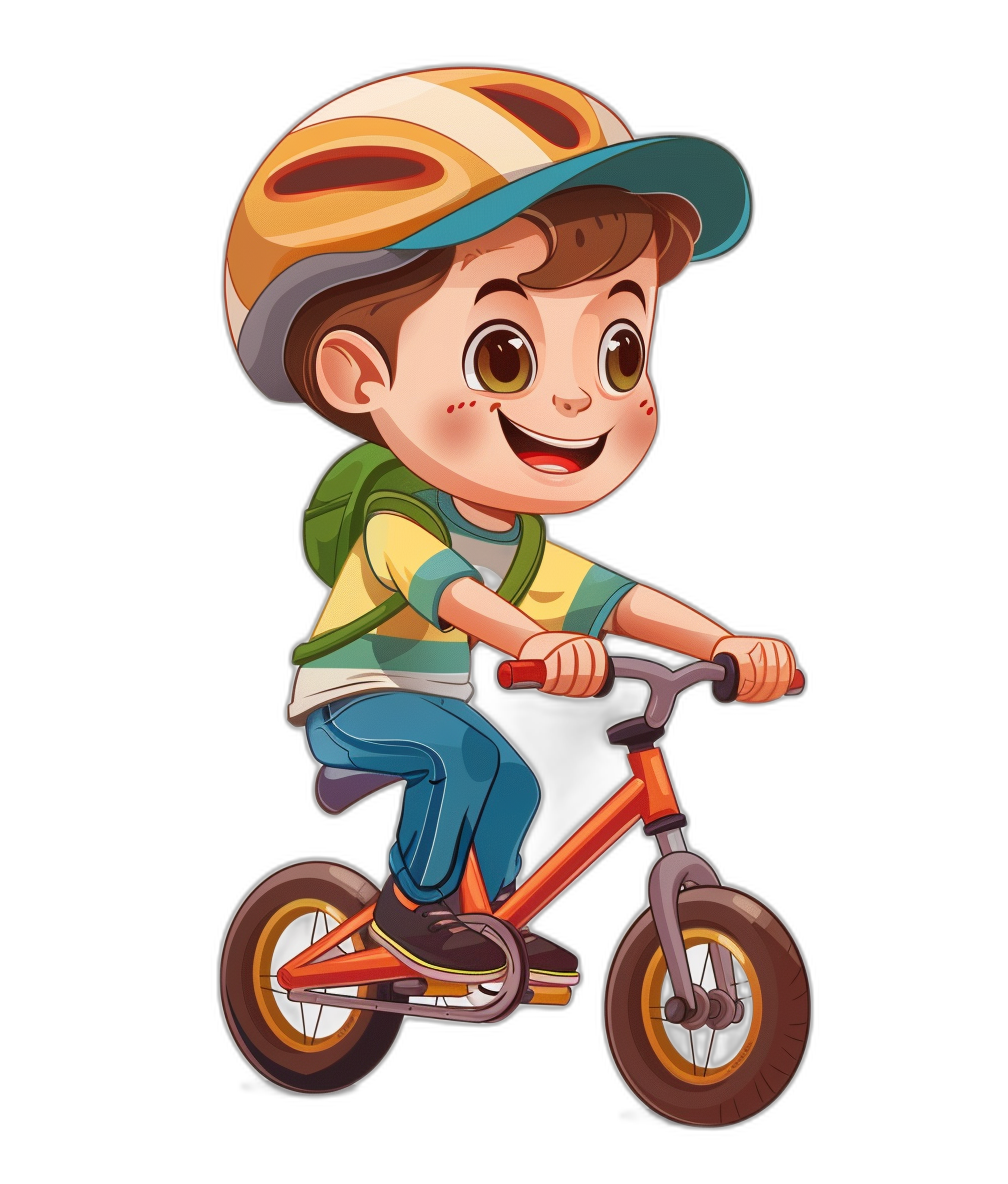 A cute cartoon boy riding a bike, wearing a helmet and colorful , in the clip art style with a black background.