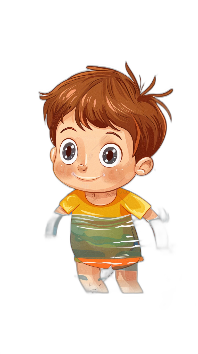 A cute little boy with brown hair, wearing an orange and green striped Tshirt, smiling slightly at the camera, is standing on his feet in black background. The cartoon character style features big eyes and short limbs, rendered using digital art techniques. It has a flat design aesthetic, with high definition resolution. Black background.