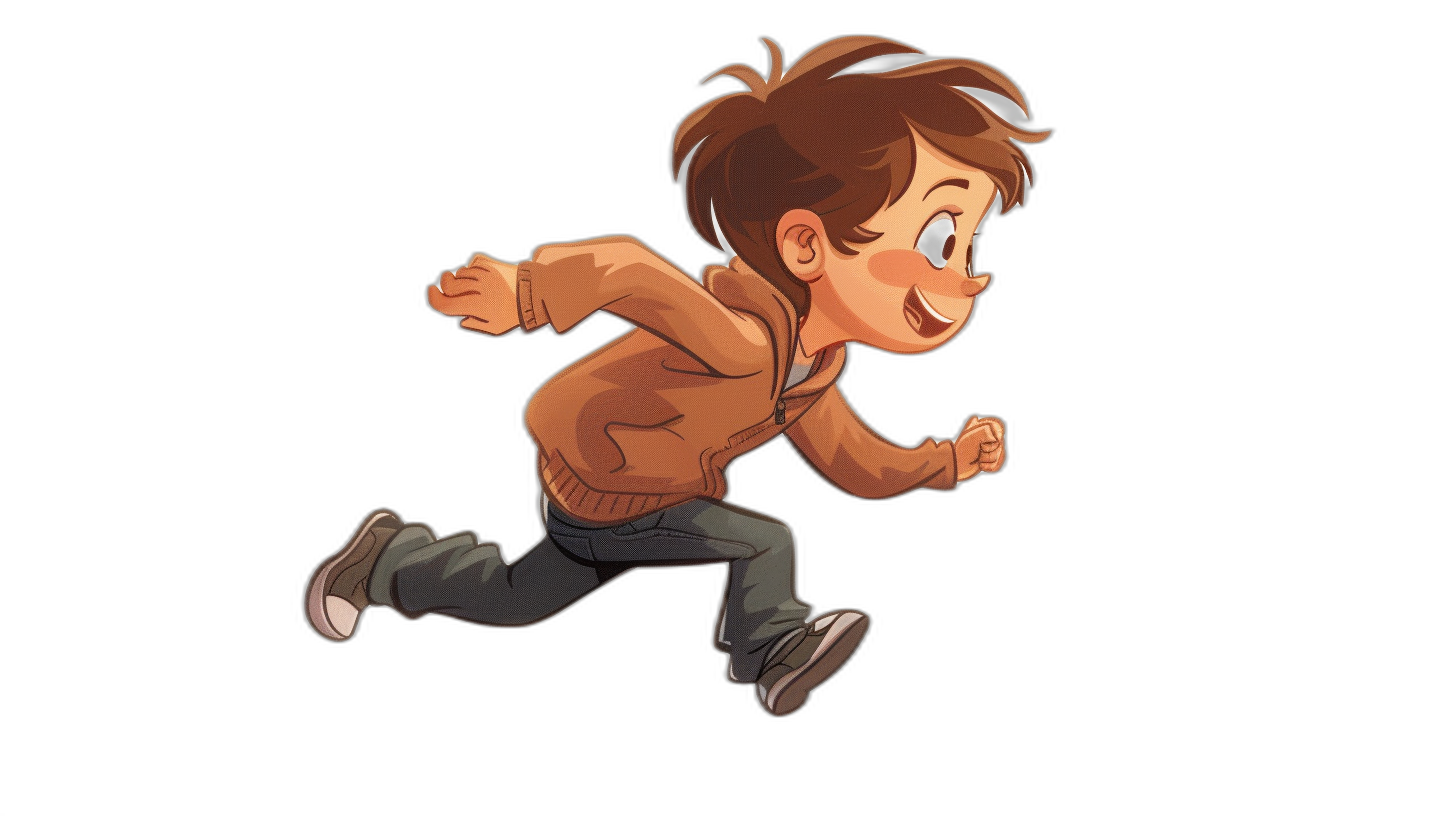 Side view of little boy running, in the style of cartoon style character design with black background, full body shot, wearing brown jacket and jeans.